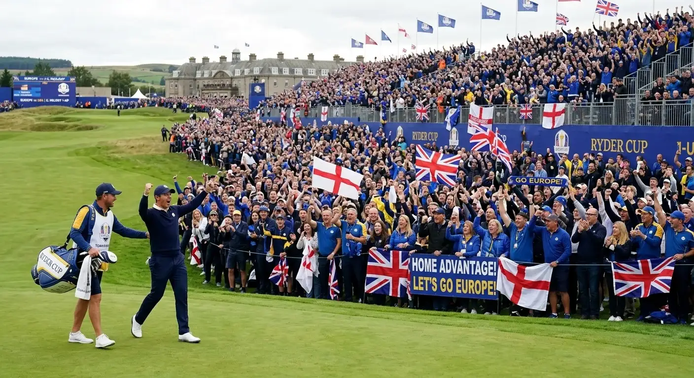 Home crowd cheering at Ryder Cup venue showing partisan home advantage atmosphere