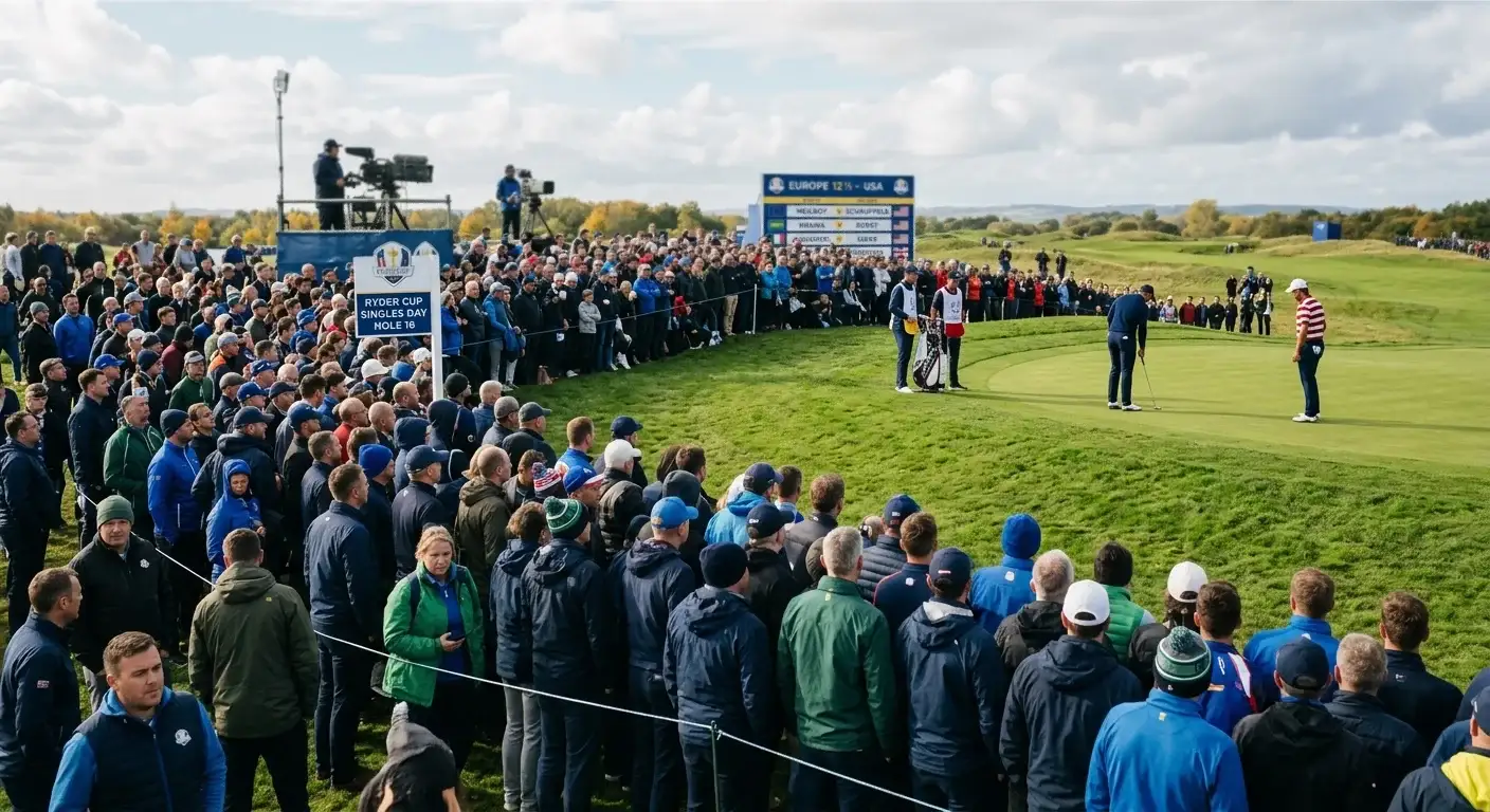 Ryder Cup singles day with large crowd watching one-on-one match on the course