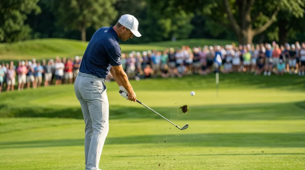 Professional golfer hitting a precise iron approach shot to the green illustrating SG:APP metric