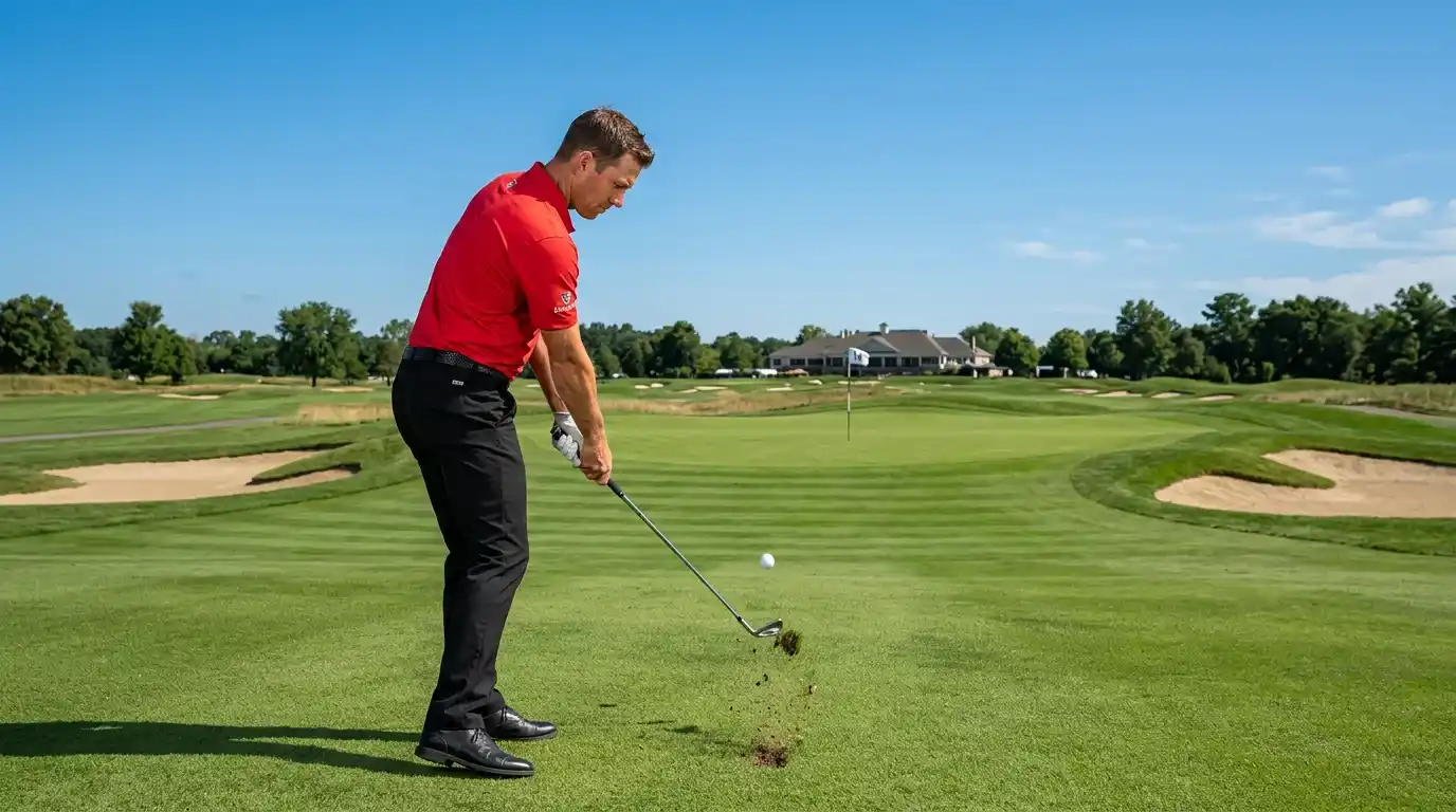 Golfer hitting a precise iron approach shot onto a well-manicured green from 150 yards