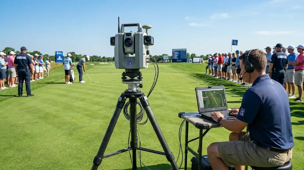 PGA Tour ShotLink laser tracking system measuring approach shot distance on a fairway