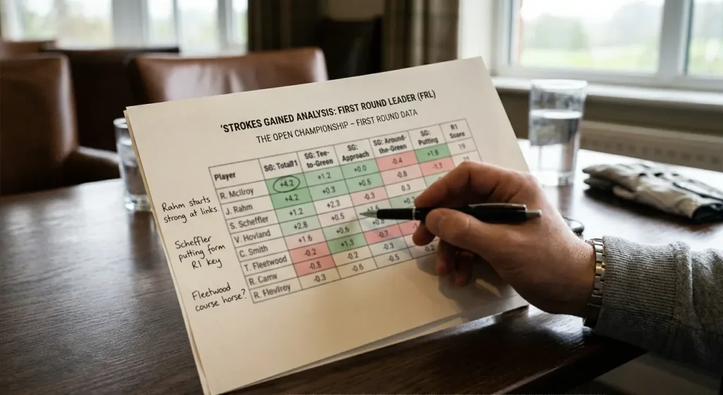 Strokes gained statistics sheet showing first-round scoring metrics for golf betting analysis