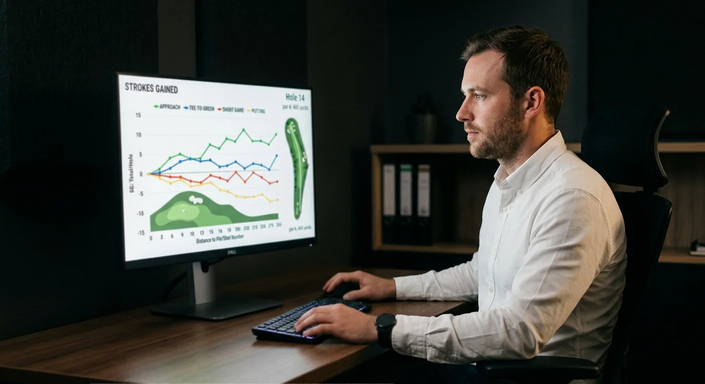 Golf analyst reviewing strokes gained statistics on a computer screen showing course data