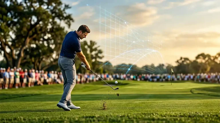 Strokes Gained golf betting analysis showing statistical data charts and a golfer hitting an approach shot