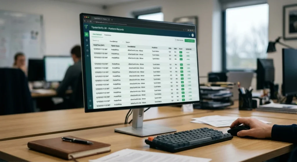 Third-party tipster verification platform showing timestamped golf betting records