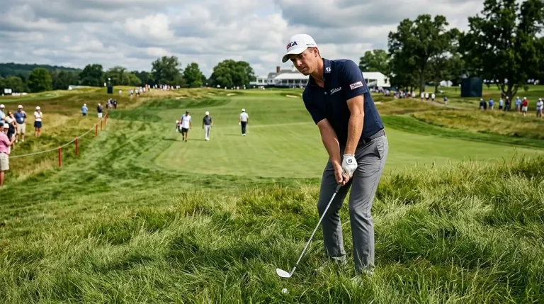 US Open golf course with thick rough and tight USGA setup challenging professionals on every hole