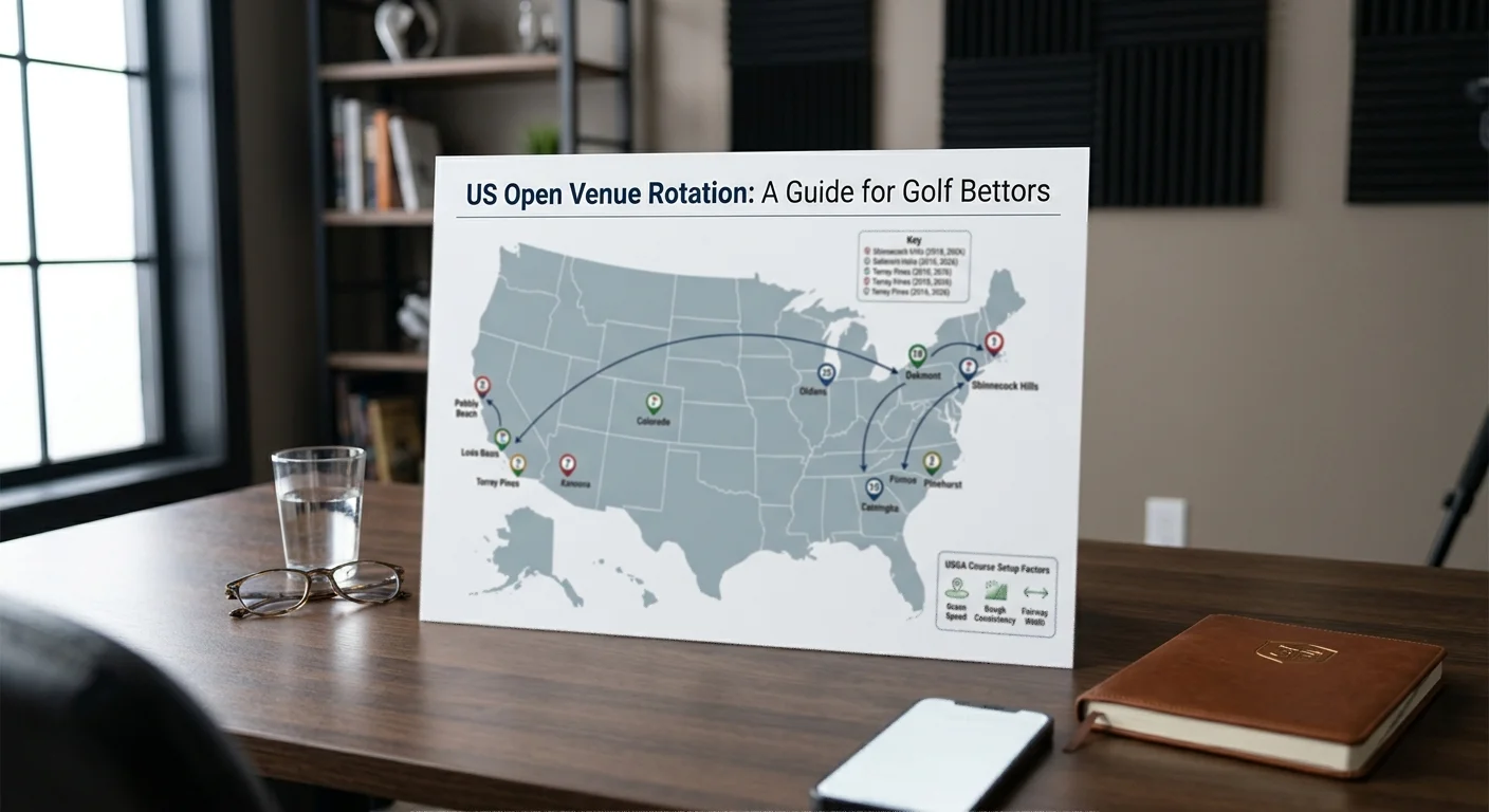 Map showing US Open venue rotation across different golf courses in the United States