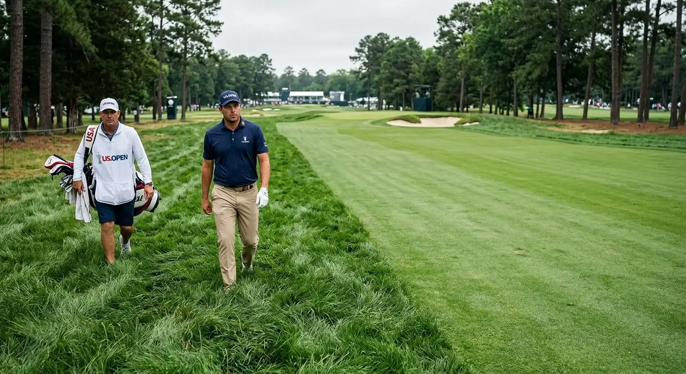 US Open thick rough bordering narrow fairway showing demanding USGA course conditioning