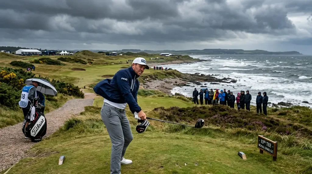Links golf course with strong coastal wind affecting play during a professional golf tournament